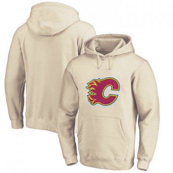 Calgary Flames Cream Men's Customized All Stitched Pullover Hoodie