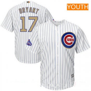 Youth Chicago Cubs #17 Kris Bryant White World Series Champions Gold Stitched MLB Majestic 2017 Cool Base Jersey