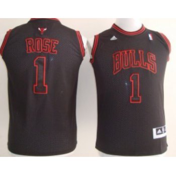 Chicago Bulls #1 Derrick Rose All Black With White Red Kids Jersey