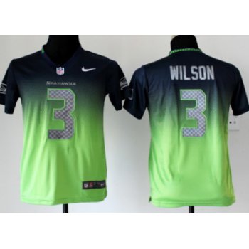 Nike Seattle Seahawks #3 Russell Wilson Navy Blue/Green Fadeaway Kids Jersey