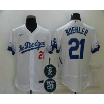 Men's Los Angeles Dodgers #21 Walker Buehler White #2 #20 Patch City Connect Flex Base Stitched Jersey