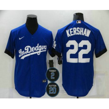 Men's Los Angeles Dodgers #22 Clayton Kershaw Blue #2 #20 Patch City Connect Cool Base Stitched Jersey