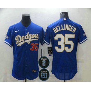 Men's Los Angeles Dodgers #35 Cody Bellinger Blue Gold #2 #20 Patch Stitched MLB Flex Base Nike Jersey