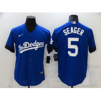Men's Los Angeles Dodgers #5 Corey Seager Blue 2021 City Connect Cool Base Stitched Jersey