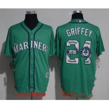 Men's Seattle Mariners #24 Ken Griffey Jr. Teal Green Team Logo Ornamented Stitched MLB Majestic Cool Base Jersey
