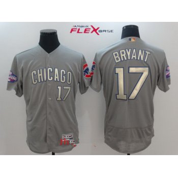 Men's Chicago Cubs #17 Kris Bryant Gray World Series Champions Gold Stitched MLB Majestic 2017 Flex Base Jersey