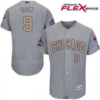 Men's Chicago Cubs #9 Javier Baez Gray World Series Champions Gold Stitched MLB Majestic 2017 Flex Base Jersey