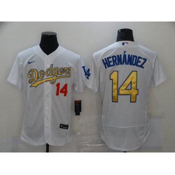Men's Los Angeles Dodgers #14 Enrique Hernandez White Gold Sttiched Nike MLB Flex Base Jersey