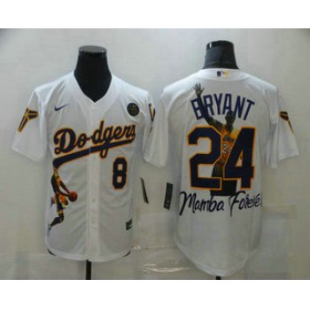 Men's Los Angeles Dodgers Front #8 Back #24 Kobe Bryant White With KB Patch Cool Base Stitched MLB Fashion Jersey