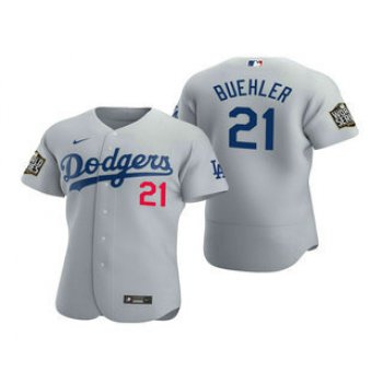 Men's Los Angeles Dodgers #21 Walker Buehler Gray 2020 World Series Authentic Flex Nike Jersey