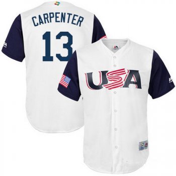 Men's Team USA Baseball Majestic #13 Matt Carpenter White 2017 World Baseball Classic Stitched Replica Jersey