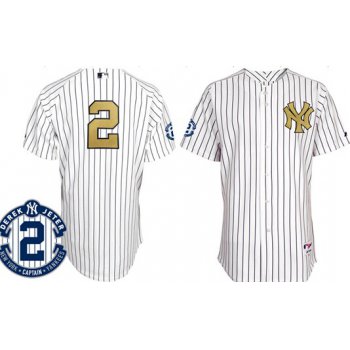 New York Yankees #2 Derek Jeter White With Gold Retirement Patch Jersey
