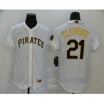 Men's Pittsburgh Pirates #21 Roberto Clemente White With Gold Stitched MLB Flex Base Nike Jersey