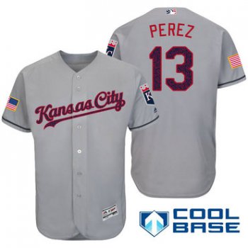 Men's Kansas City Royals #13 Salvador Perez Gray Stars & Stripes Fashion Independence Day Stitched MLB Majestic Cool Base Jersey