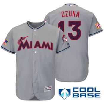 Men's Miami Marlins #13 Marchell Ozuna Gray Stars & Stripes Fashion Independence Day Stitched MLB Majestic Cool Base Jersey