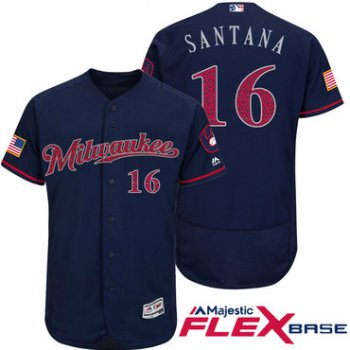 Men's Milwaukee Brewers #16 Domingo Santana Navy Blue Stars & Stripes Fashion Independence Day Stitched MLB Majestic Flex Base Jersey