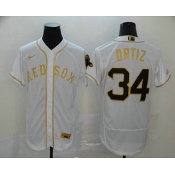 Men's Boston Red Sox #34 David Ortiz White With Gold Stitched MLB Flex Base Nike Jersey