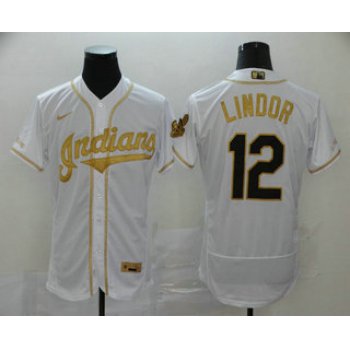 Men's Cleveland Indians #12 Francisco Lindor White With Gold Stitched MLB Flex Base Nike Jersey