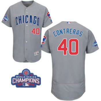Men's Chicago Cubs #40 Willson Contreras Gray Road Majestic Flex Base 2016 World Series Champions Patch Jersey