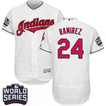 Men's Cleveland Indians #24 Manny Ramirez White Home 2016 World Series Patch Stitched MLB Majestic Flex Base Jersey