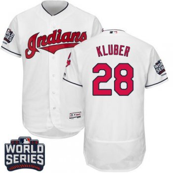 Men's Cleveland Indians #28 Corey Kluber White Home 2016 World Series Patch Stitched MLB Majestic Flex Base Jersey