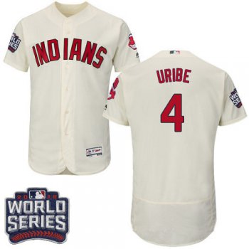 Men's Cleveland Indians #4 Juan Uribe Cream 2016 World Series Patch Stitched MLB Majestic Flex Base Jersey