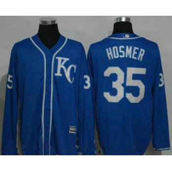 Men's Kansas City Royals #35 Eric Hosmer Navy Blue KC Long Sleeve Stitched MLB Majestic Cool Base Jersey