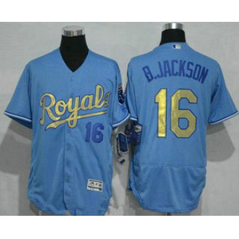 Men's Kansas City Royals #16 Bo Jackson Retired Light Blue 2015 World Series Champions Gold Program Flex Base Jersey
