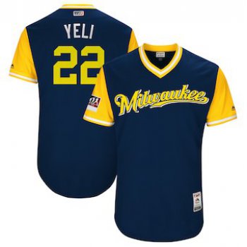 Men's Milwaukee Brewers 22 Christian Yelich Yeli Majestic Navy 2018 Players' Weekend Authentic Jersey