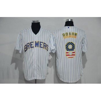 Men's Milwaukee Brewers #8 Ryan Braun White Pinstripe USA Flag Fashion MLB Baseball Jersey