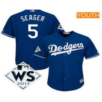 Youth Los Angeles Dodgers Corey Seager Majestic Royal 2017 World Series Patch Cool Base Player Jersey