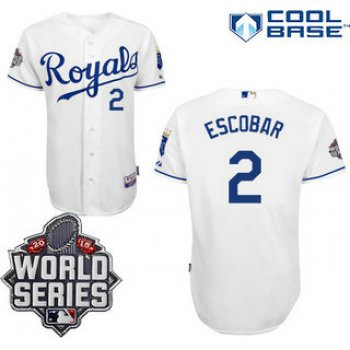 Men's Kansas City Royals #2 Alcides Escobar White Home Baseball Jersey With 2015 World Series Patch