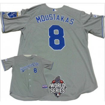 Men's Kansas City Royals #8 Mike Moustakas Gray Away Baseball Jersey With 2015 World Series Patch