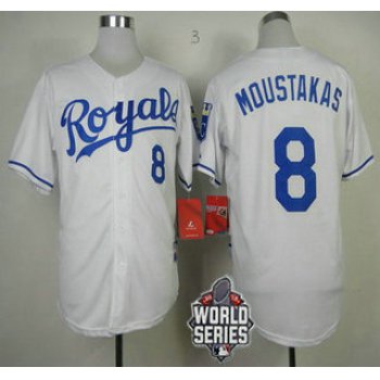 Men's Kansas City Royals #8 Mike Moustakas White Home Baseball Jersey With 2015 World Series Patch