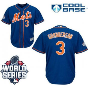 New York Mets Authentic #3 Curtis Granderson Blue With Orange 2015 World Series Patch Jersey