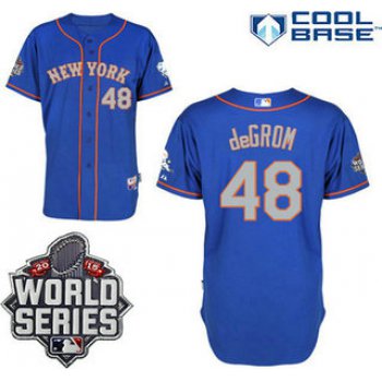 New York Mets Authentic #48 Jacob deGrom Alternate Road Blue Gray Jersey with 2015 World Series Patch
