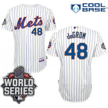 New York Mets Authentic #48 Jacob deGrom Home White Pinstripe Jersey with 2015 World Series Patch