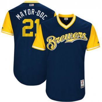 Men's Milwaukee Brewers Travis Shaw Mayor-DDC Majestic Navy 2017 Players Weekend Authentic Jersey
