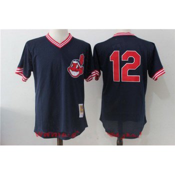 Men's Cleveland Indians #12 Francisco Lindor Navy Blue Throwback Mesh Batting Practice Stitched MLB Mitchell & Ness Jersey