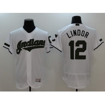 Men's Cleveland Indians #12 Francisco Lindor White With Green Memorial Day Stitched MLB Majestic Flex Base Jersey