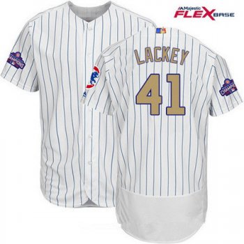 Men's Majestic Chicago Cubs #41 John Lackey White World Series Champions Gold Stitched MLB Majestic 2017 Flex Base Jersey