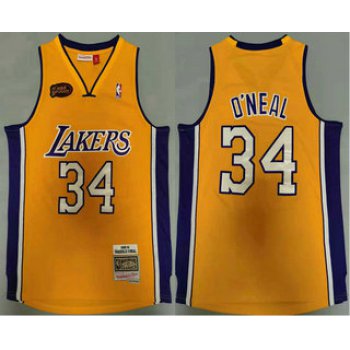 Men's Los Angeles Lakers #34 Shaquille O'neal Yellow Finals Patch 2000-01 Hardwood Classics Soul Swingman Throwback Jersey