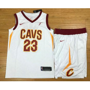 Men's Cleveland Cavaliers #23 LeBron James White 2017-2018 Nike Swingman Stitched NBA Jersey With Shorts