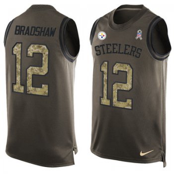 Men's Pittsburgh Steelers #12 Terry Bradshaw Green Salute to Service Hot Pressing Player Name & Number Nike NFL Tank Top Jersey