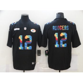 Men's Green Bay Packers #12 Aaron Rodgers Multi-Color Black 2020 NFL Crucial Catch Vapor Untouchable Nike Limited Jersey
