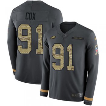 Nike Eagles #91 Fletcher Cox Anthracite Salute to Service Men's Stitched NFL Limited Therma Long Sleeve Jersey