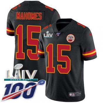 Nike Chiefs #15 Patrick Mahomes Black Super Bowl LIV 2020 Youth Stitched NFL Limited Rush 100th Season Jersey