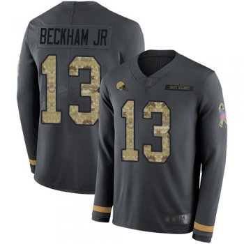 Men's Cleveland Browns #13 Odell Beckham Jr Anthracite Salute to Service Stitched Football Limited Therma Long Sleeve Jersey