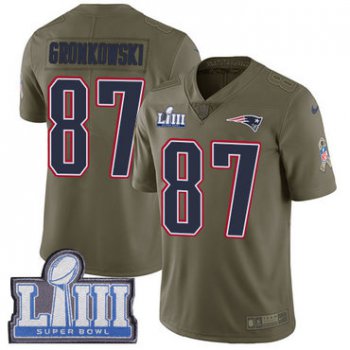 Men's New England Patriots #87 Rob Gronkowski Olive Nike NFL 2017 Salute to Service Super Bowl LIII Bound Limited Jersey