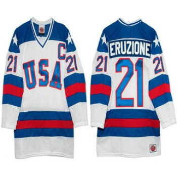 Men's 1980 Olympics USA #21 Mike Eruzione White Throwback Stitched Vintage Ice Hockey Jersey